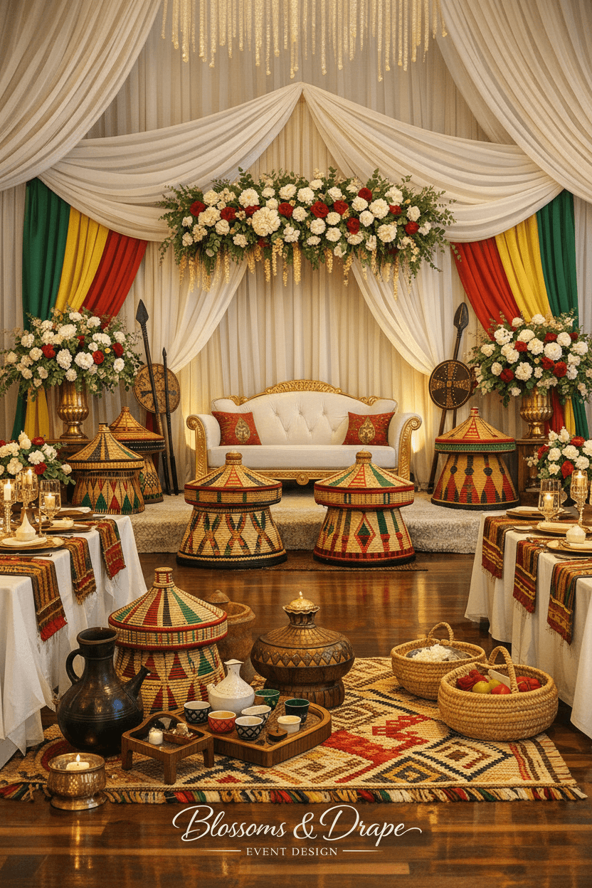 Traditional Ethiopian wedding stage with white sofa, floral backdrop, and colorful woven mesob baskets.