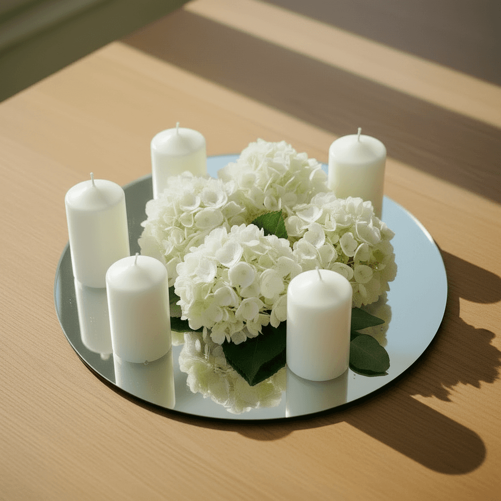 Five white pillar candles and hydrangea flowers arranged on a circular mirror centerpiece.