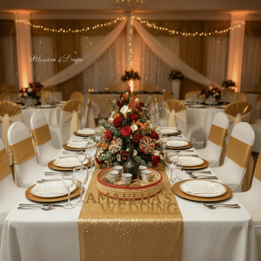 Elegant wedding table with gold runner, red floral centerpiece, and traditional Ethiopian coffee ceremony set.