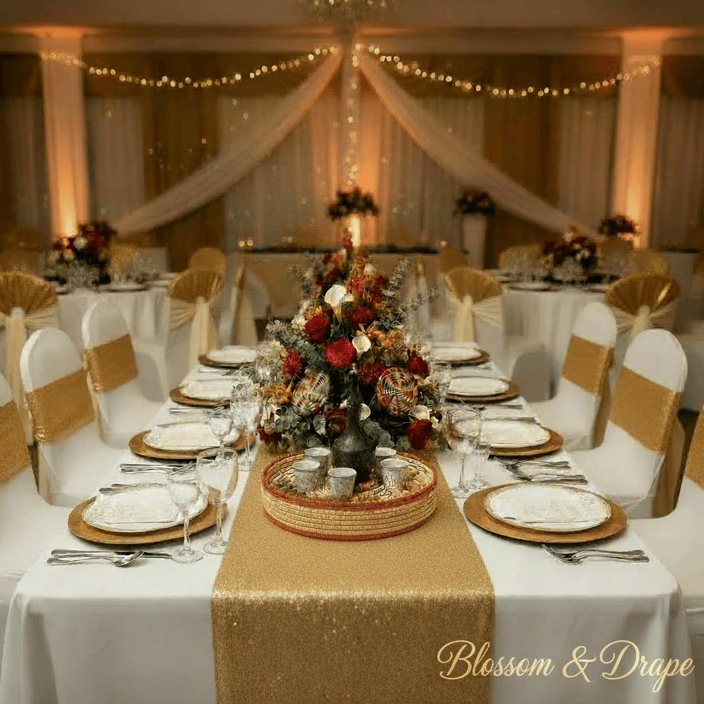 Elegant banquet table with gold runner, red floral centerpiece, and white chairs with gold accents.