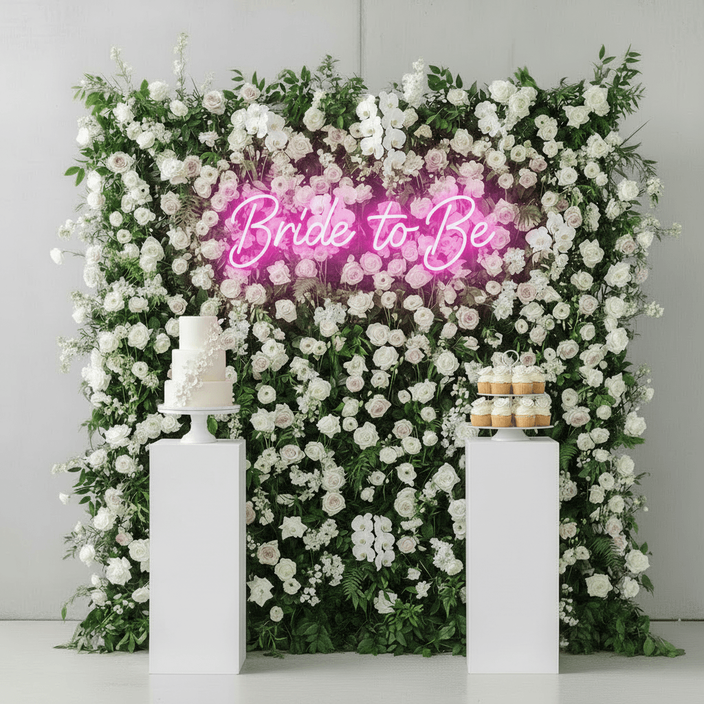 White floral backdrop with pink neon 'Bride to Be' sign, wedding cake, and cupcakes.