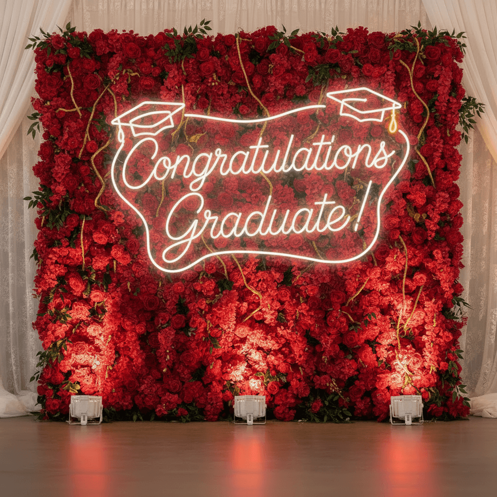 Red rose floral wall with a white neon sign reading "Congratulations Graduate!" and graduation caps.