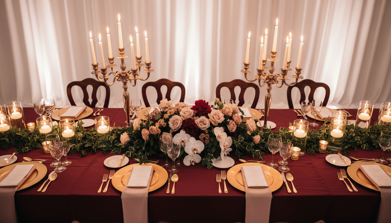 Elegantly styled wedding reception table with floral centerpiece, burgundy linens, and candlelit ambiance
