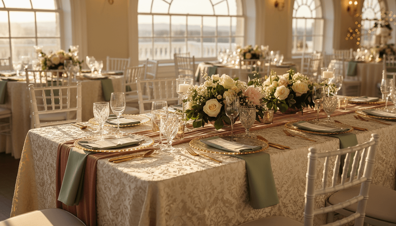 Elegantly decorated event table with fresh florals, textured tablecloths, and charger plates in warm golden light