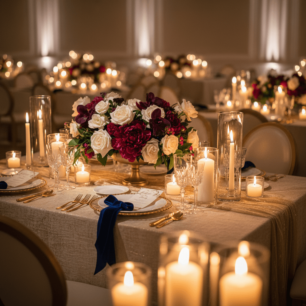 Full-service styled event table with floral centerpiece and complete decor