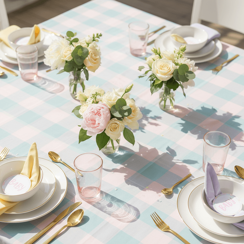 Baby shower table setup with pastel centerpieces and coordinating linens