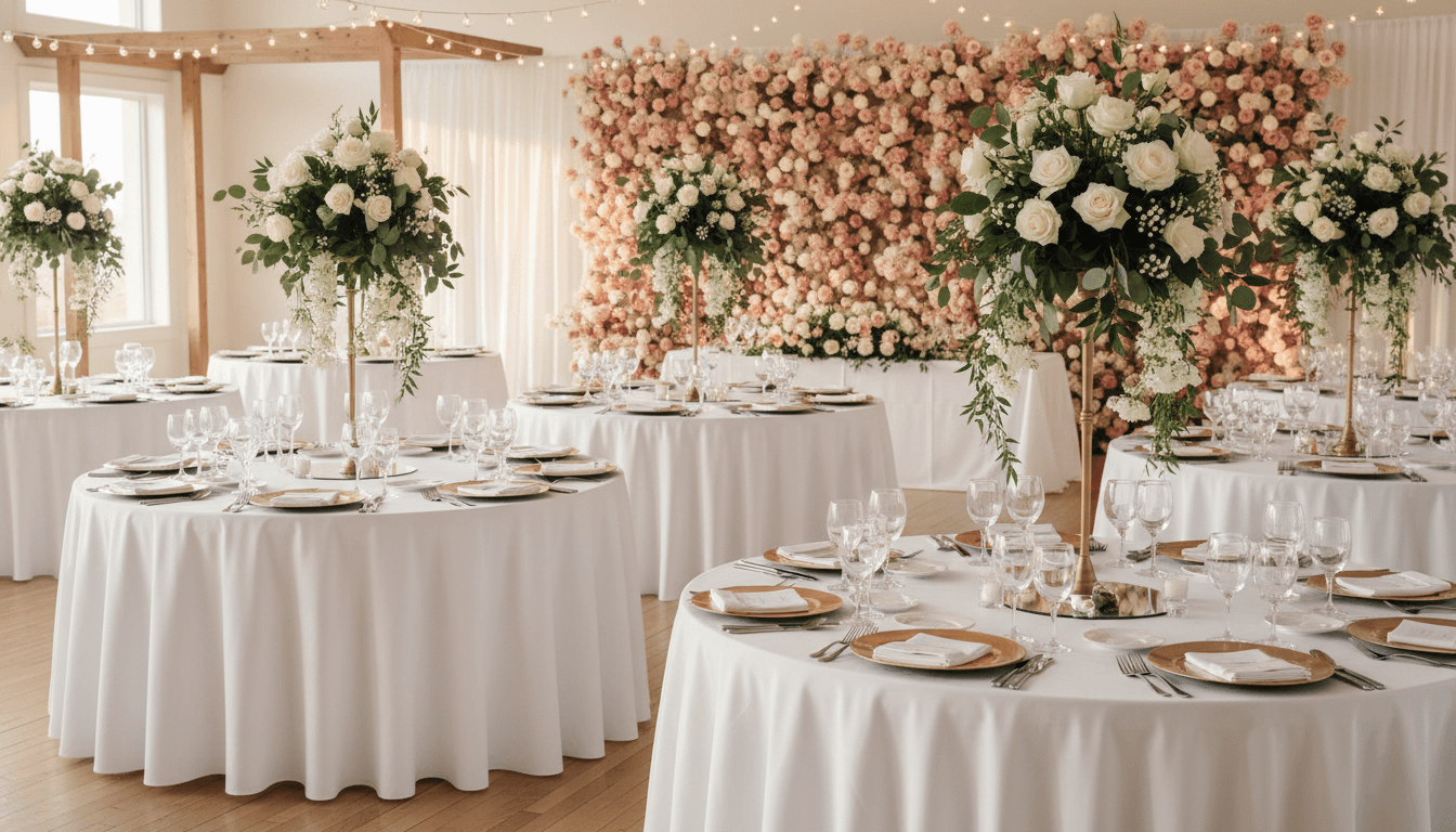 Elegant wedding reception with round tables and floral backdrop.