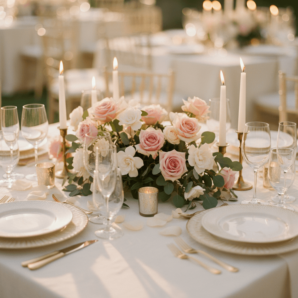 Elegant wedding reception table setting with white linens and floral centerpiece