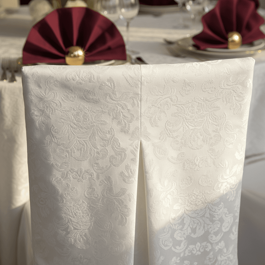 Close-up of white linens, chair covers, and formal table setup details