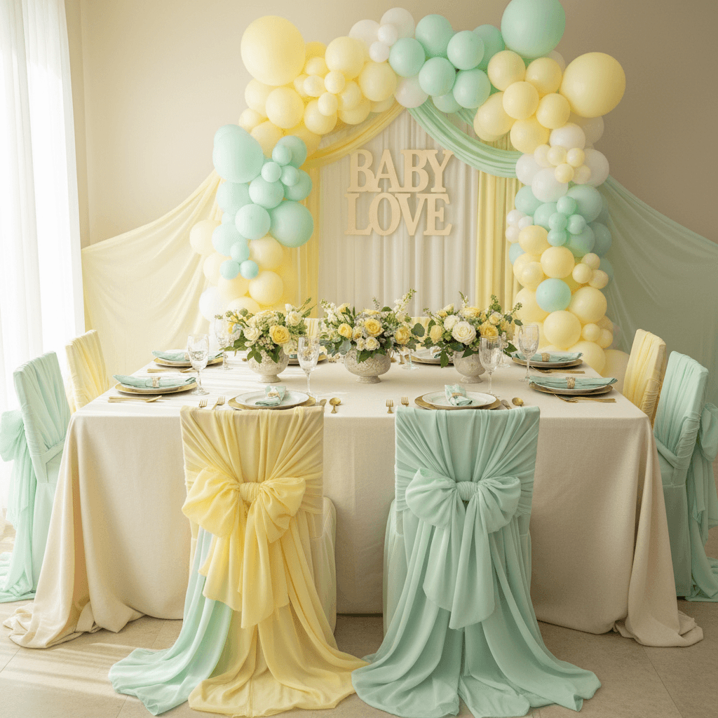 Soft pastel baby shower table with floral arrangements and decorated backdrop
