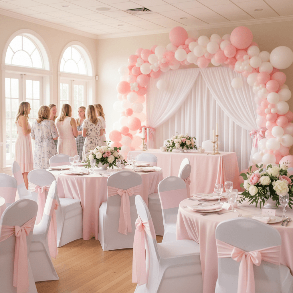 Baby shower venue with pink and white decor and draped backdrops