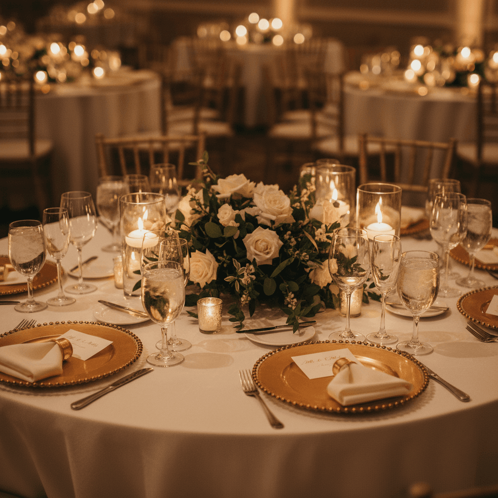 Elegant wedding table with white linens, gold charger plates, and floral centerpiece