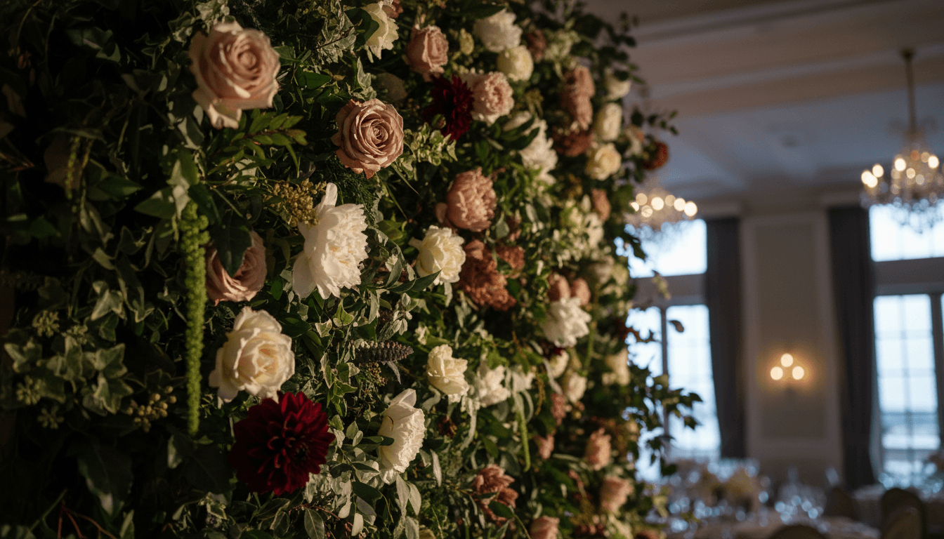 Lush, layered flower wall with blush, burgundy, and cream blooms creating an elegant backdrop