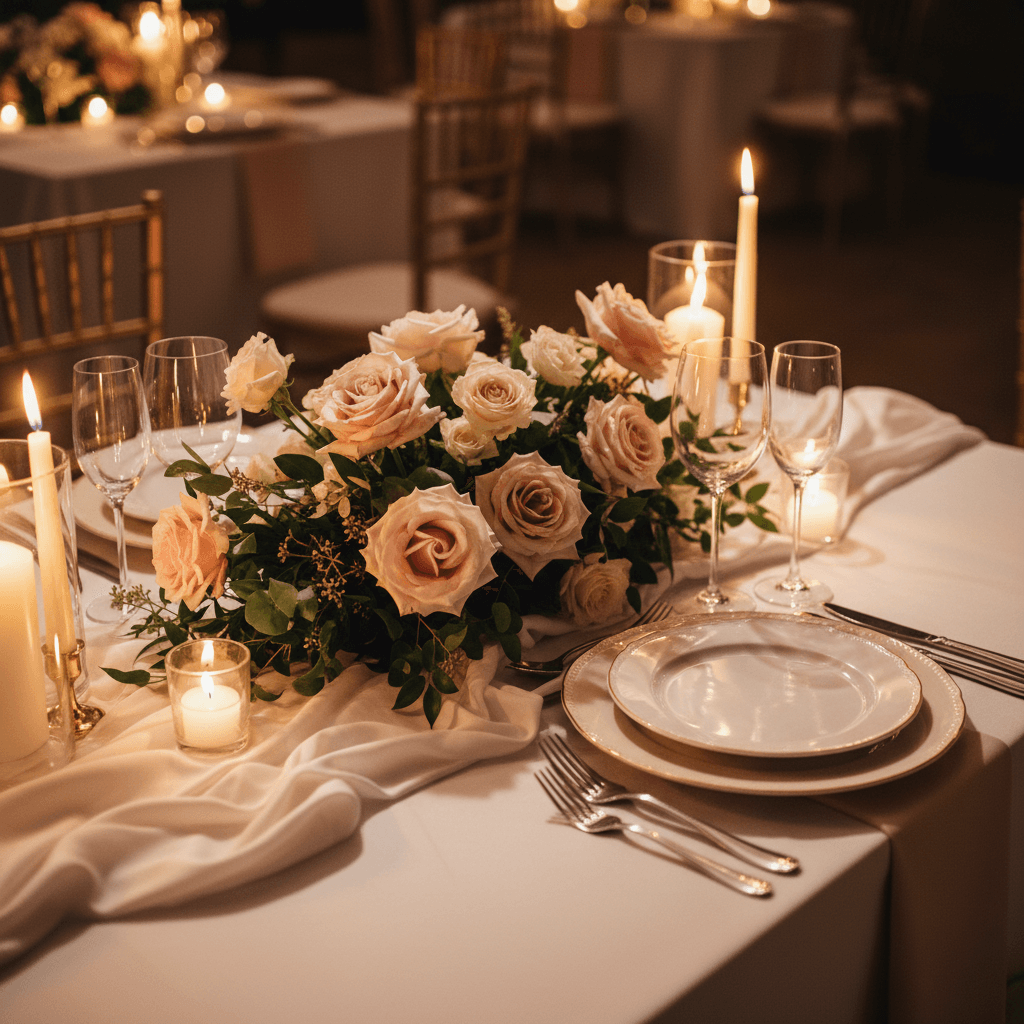 Elegant wedding reception table with white linens and floral centerpiece