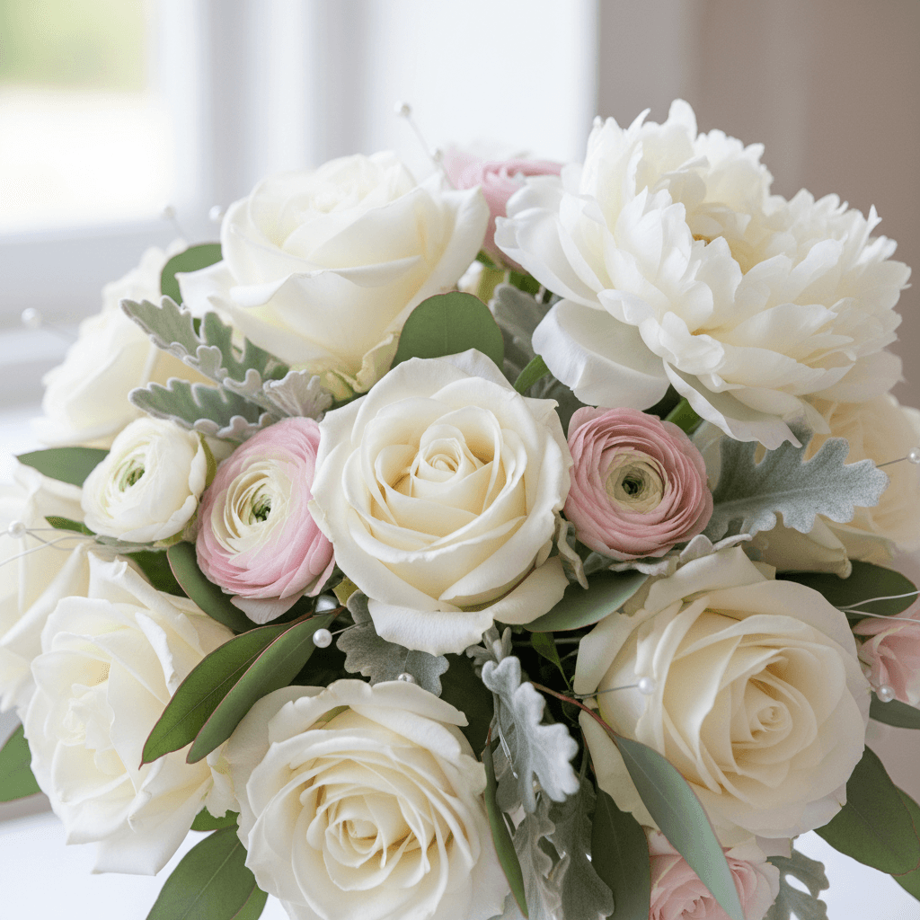 Close-up detail of platinum centerpiece flowers and textures