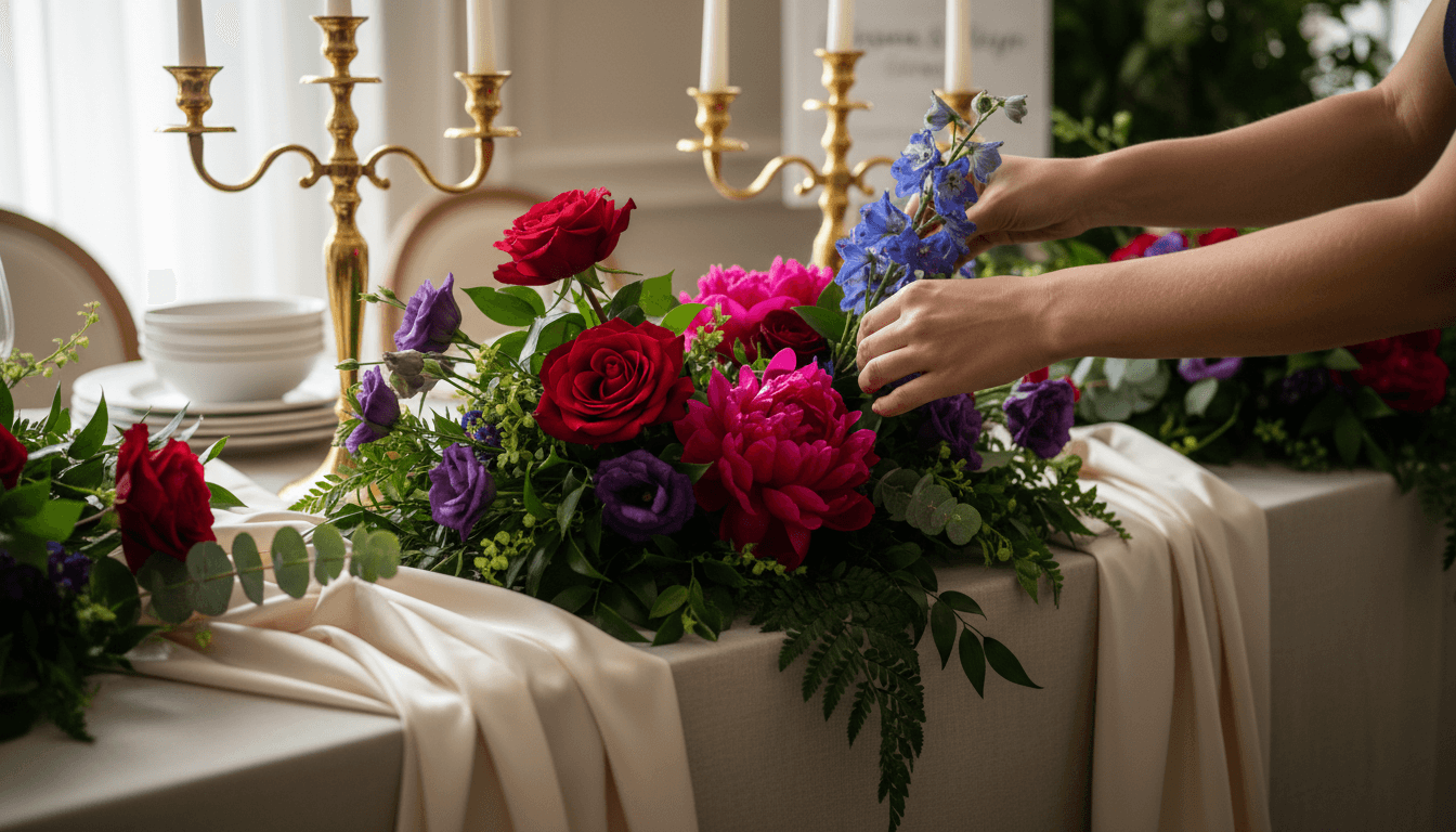 Hands carefully arranging floral centerpiece with draped table linens