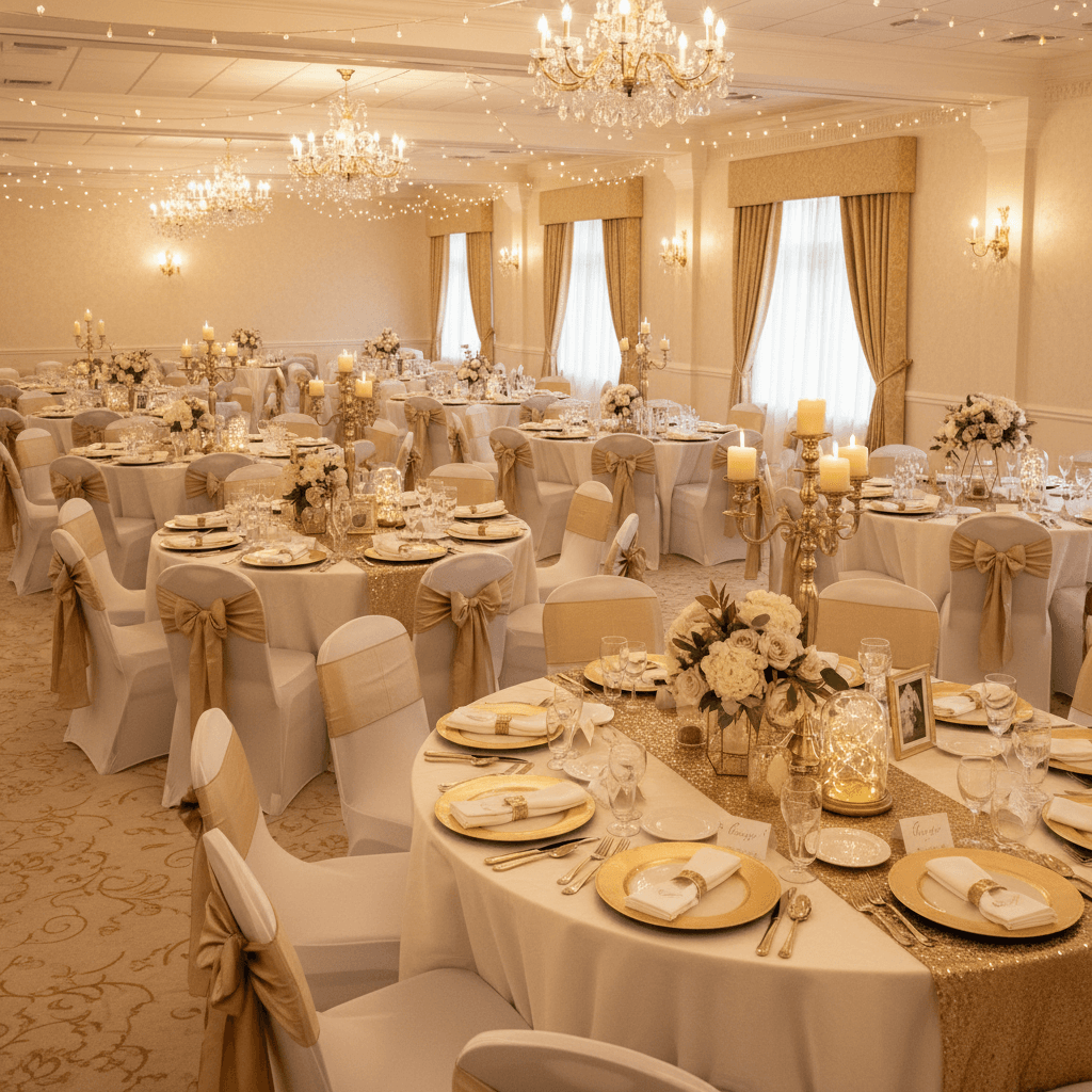 Full event room with multiple decorated tables and coordinated styling