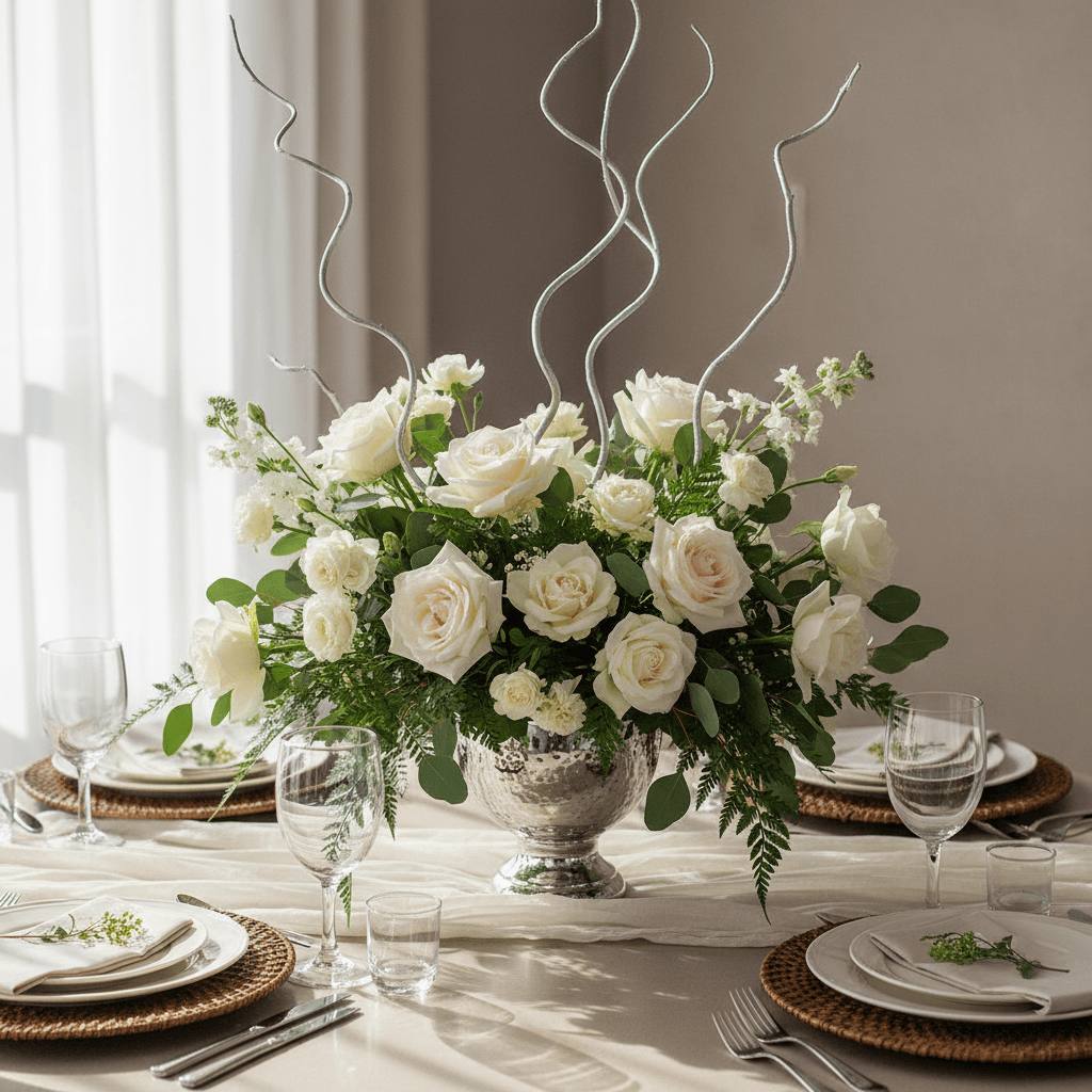 Platinum centerpiece on styled event table with linens and place settings