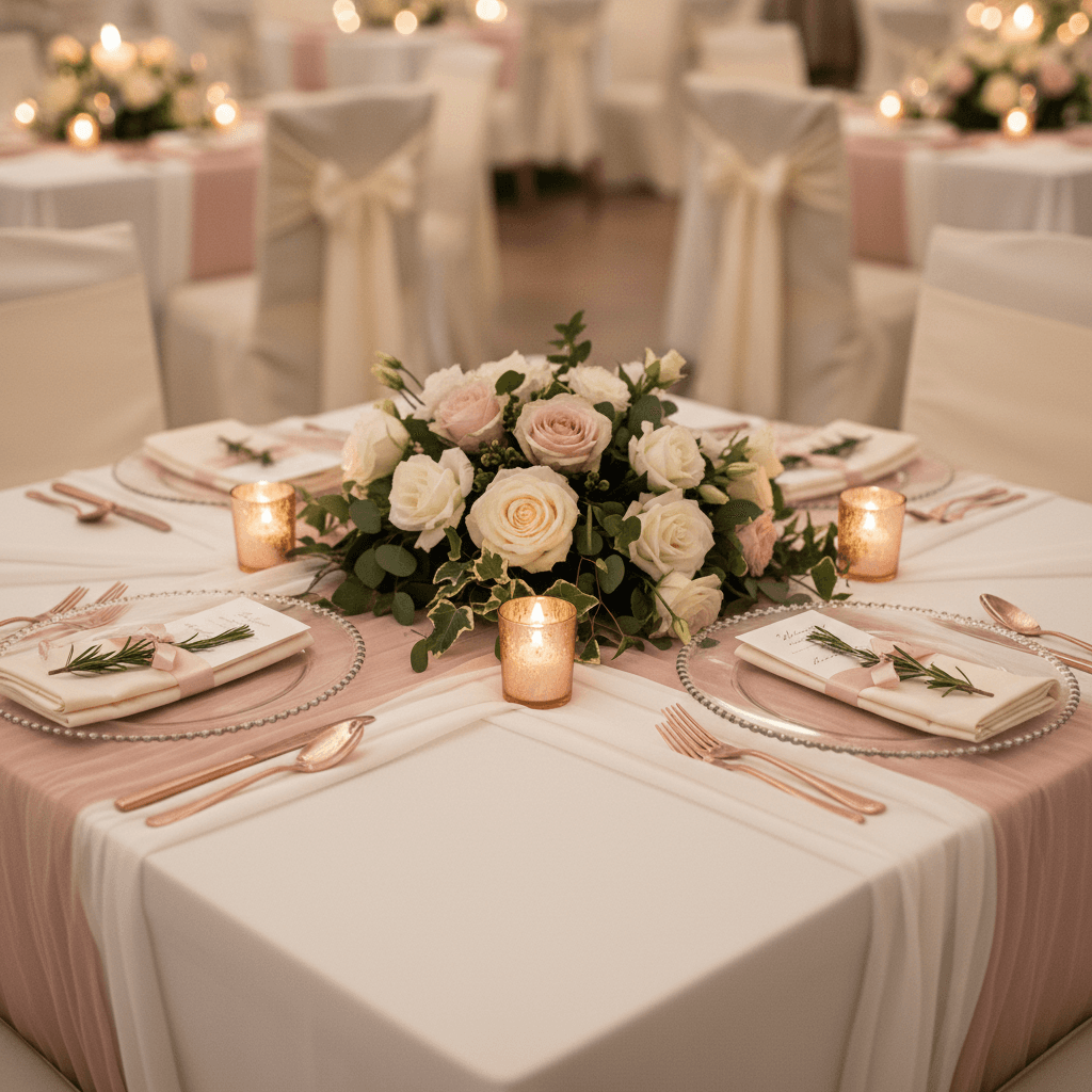 Elegant wedding reception table with white tablecloths, floral centerpieces, and charger plates