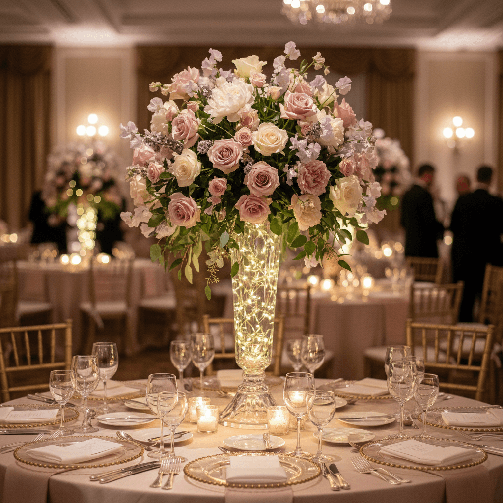 Elegant floral wedding centerpiece with cascading greenery and soft lighting