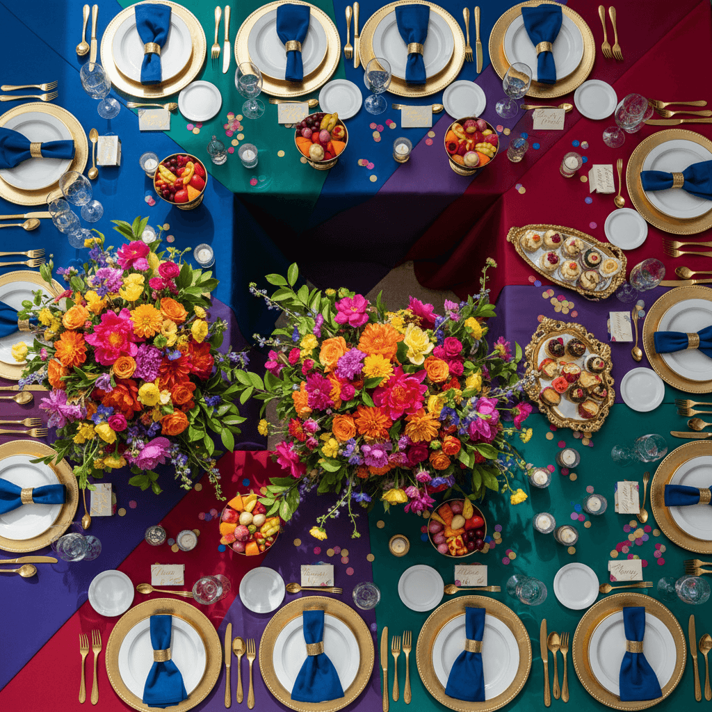 Colorful party table from above with festive linens, arrangements, and place settings