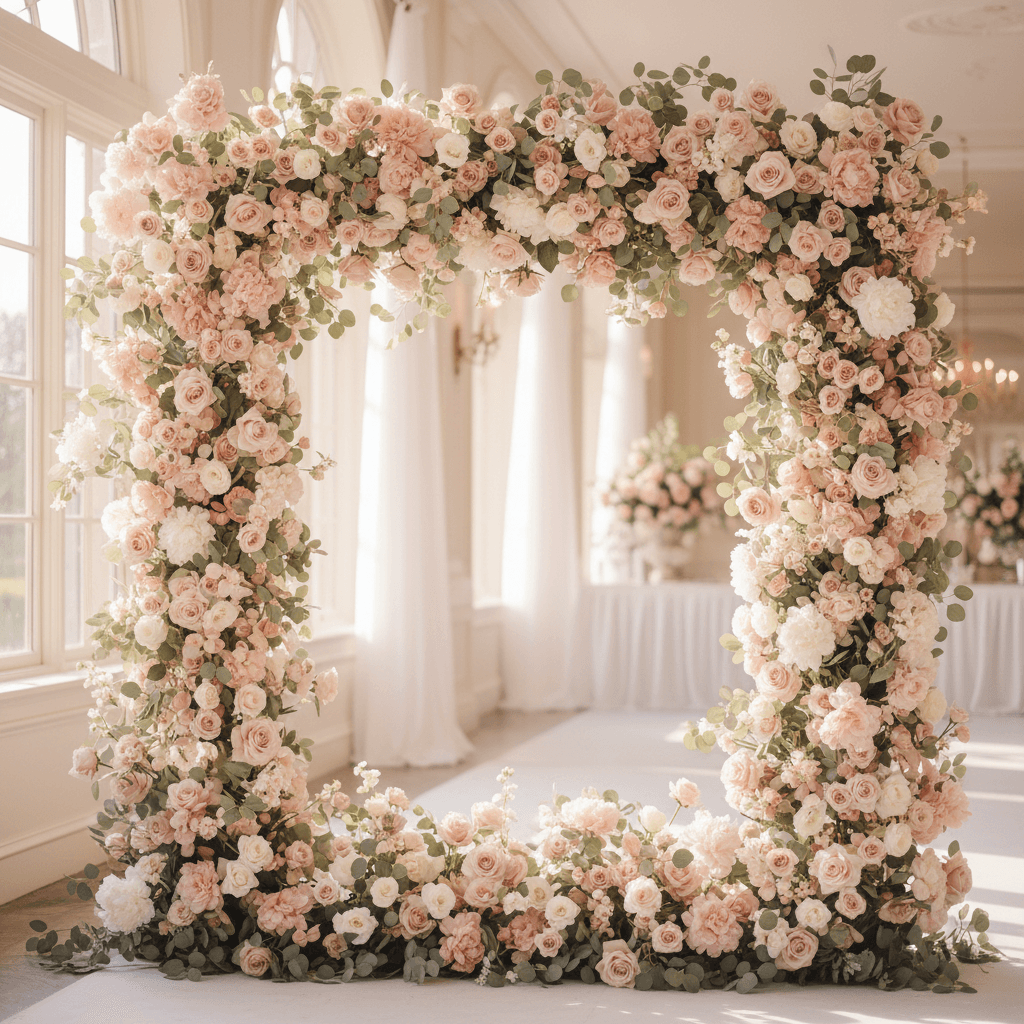 Lush blush pink and ivory floral backdrop for wedding photos