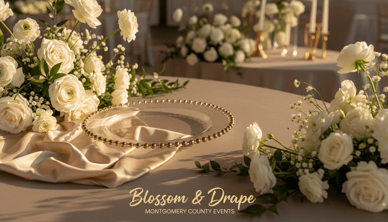 Close-up of elegant event rental decor including champagne tablecloth, beaded charger plate, and white flowers