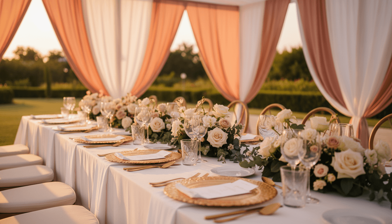 Elegantly styled outdoor event table with flowing linens, floral centerpieces, and fabric backdrop at golden hour