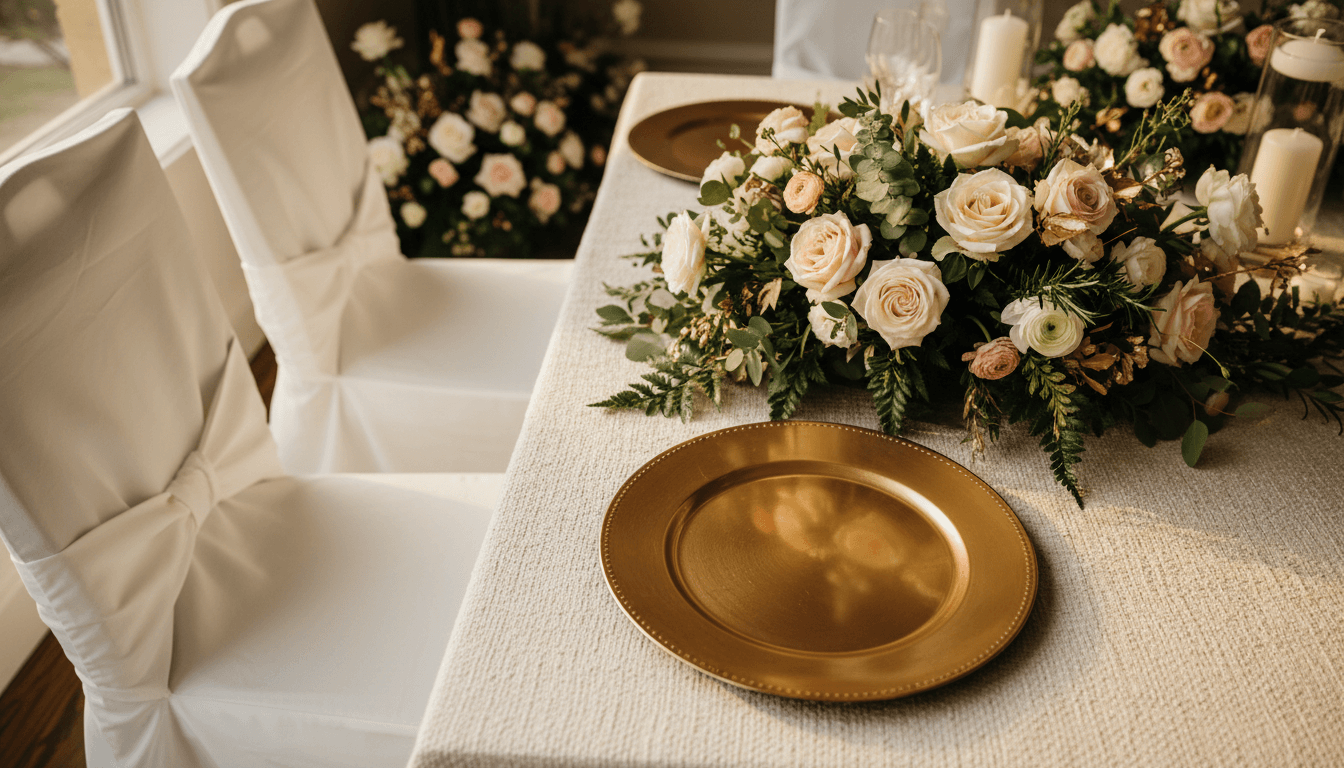 Elegantly styled table setting with cream tablecloth, white chair cover, charger plate, and floral centerpiece