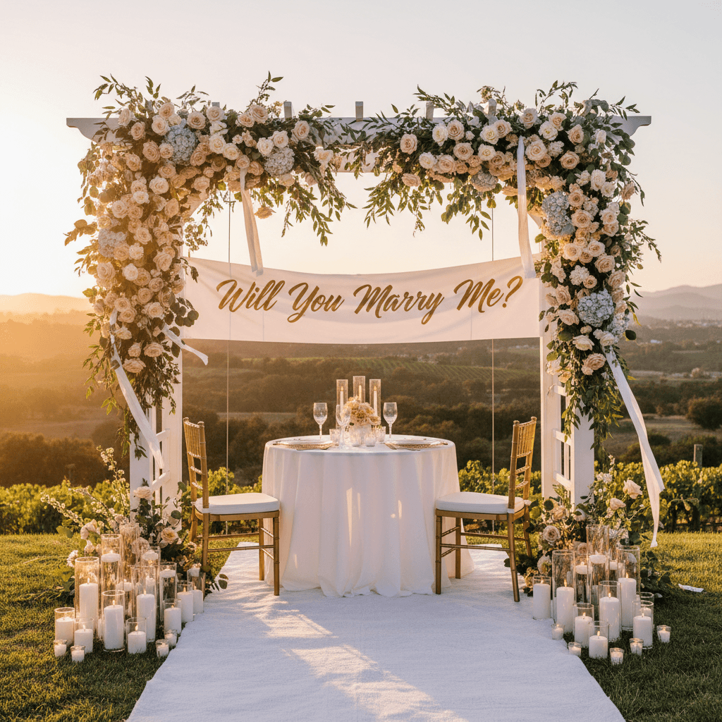 Romantic proposal decor with floral arch, elegant table setting, and 'Will You Marry Me' sign