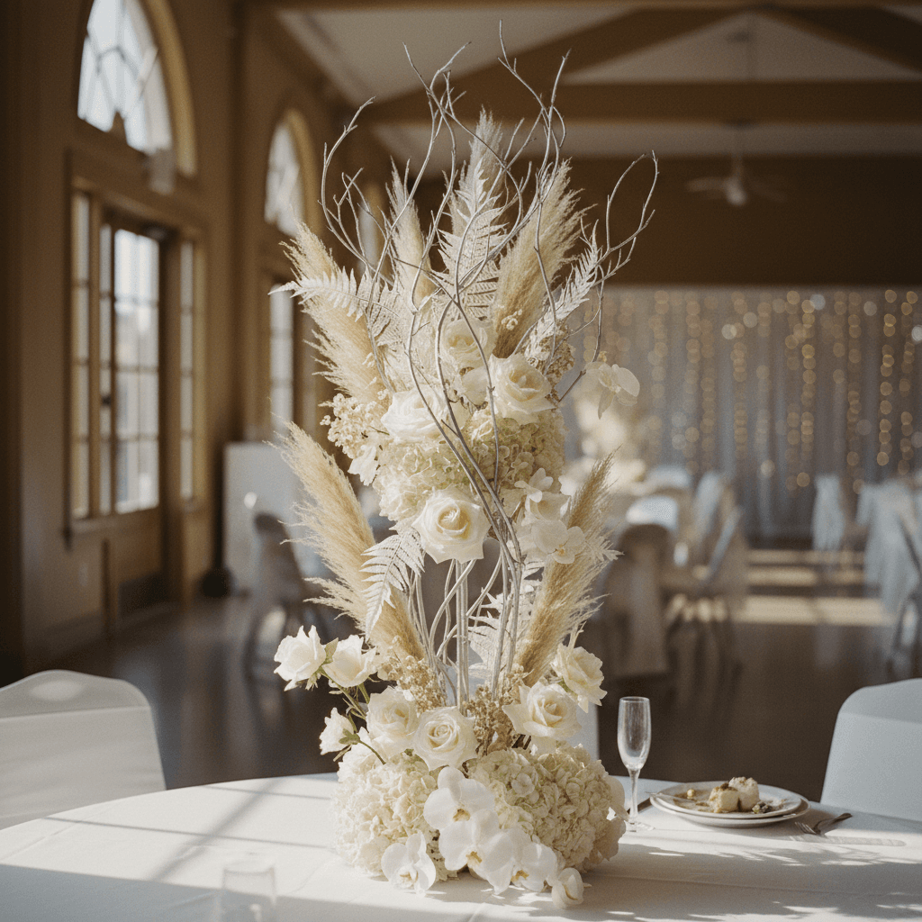 Tall floral centerpiece with white roses, orchids, and pampas grass on a banquet table.