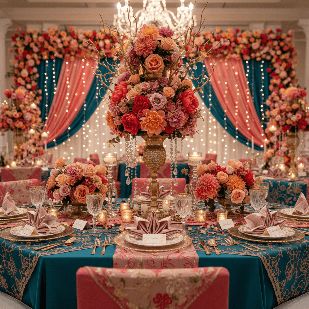 Festive celebration table with colorful linens and decorative centerpieces