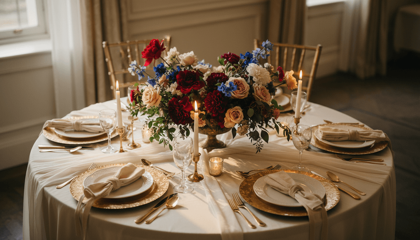 Elegantly decorated event table with floral centerpiece and draped linens