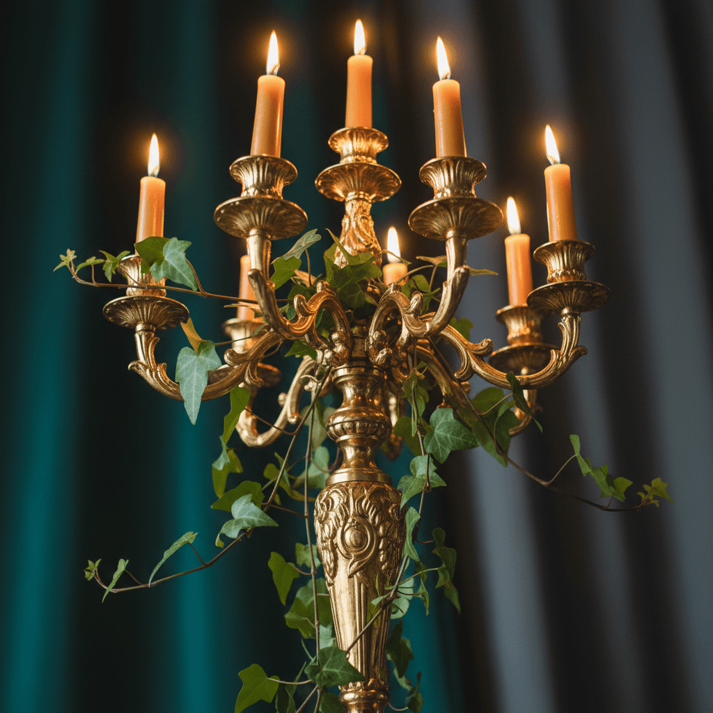 Ornate gold candelabra with multiple candles and cascading greenery