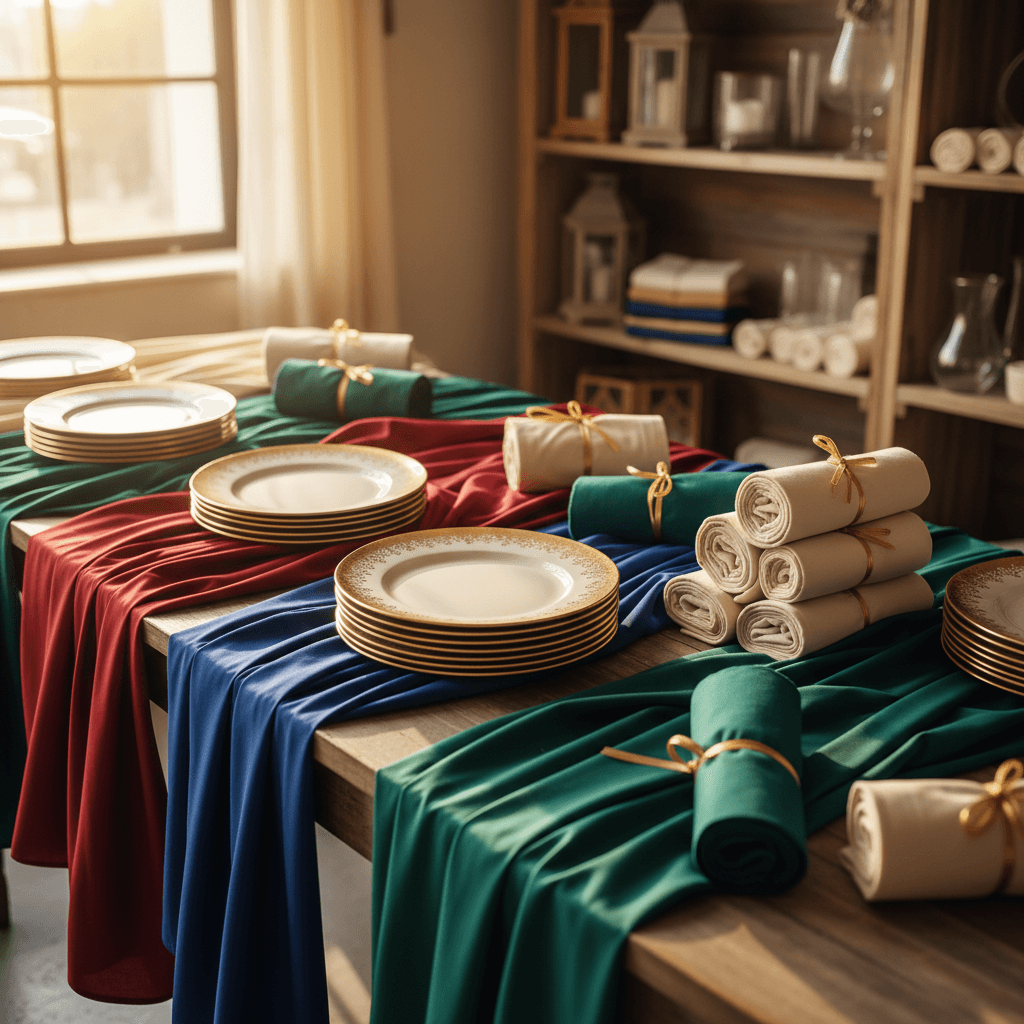 DIY rental collection of tablecloths, charger plates, and chair covers