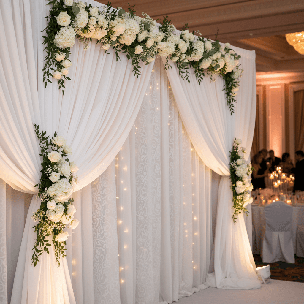Elegant white wedding backdrop with floral accents and soft drapery