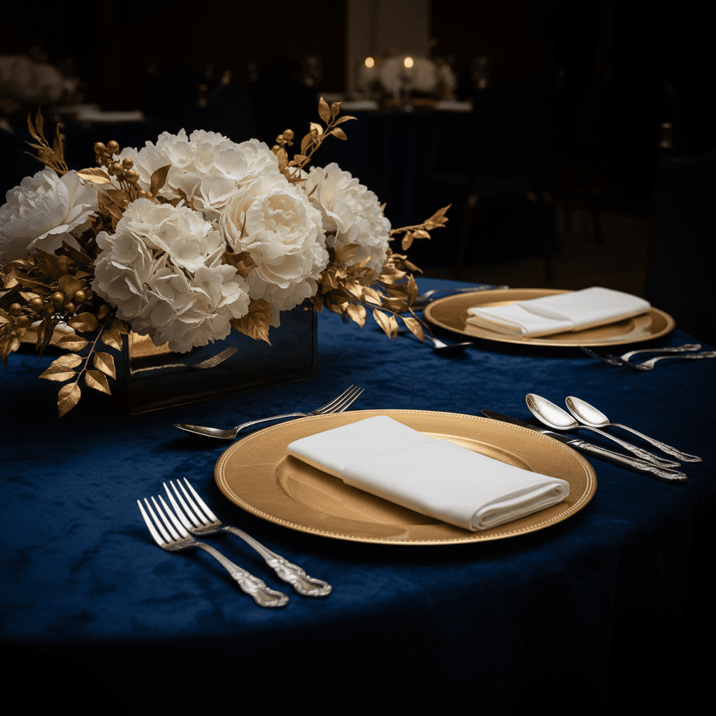 Formal christening table with navy linens, gold chargers, and white floral centerpiece
