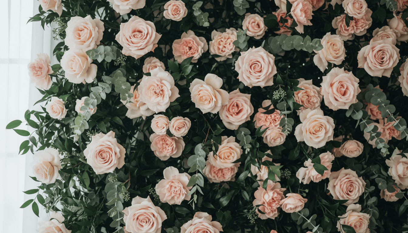 Close-up detail of a blush pink and cream flower wall with eucalyptus, soft natural lighting