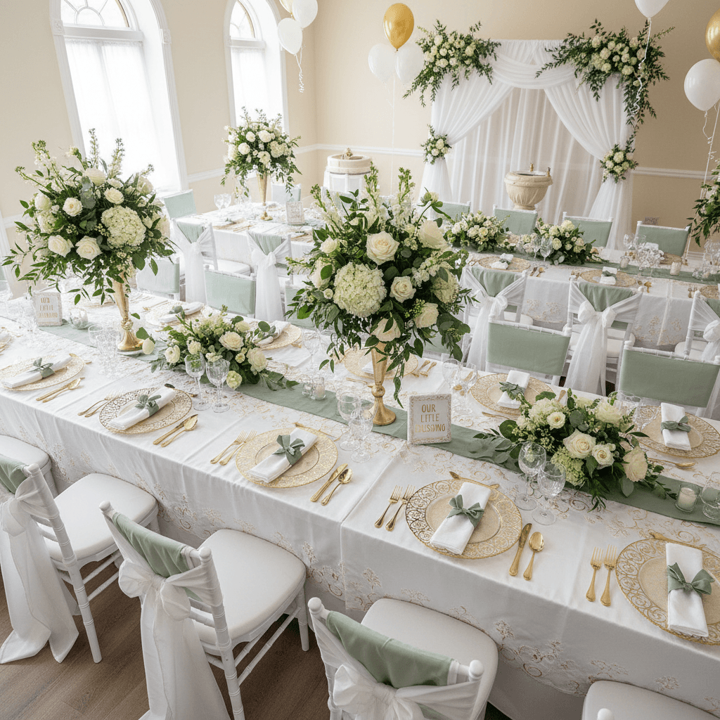 Christening celebration table with white linens, gold accents, and elegant floral centerpieces