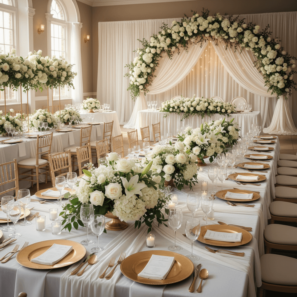 Christening event space with cream linens, gold accents, and floral backdrop