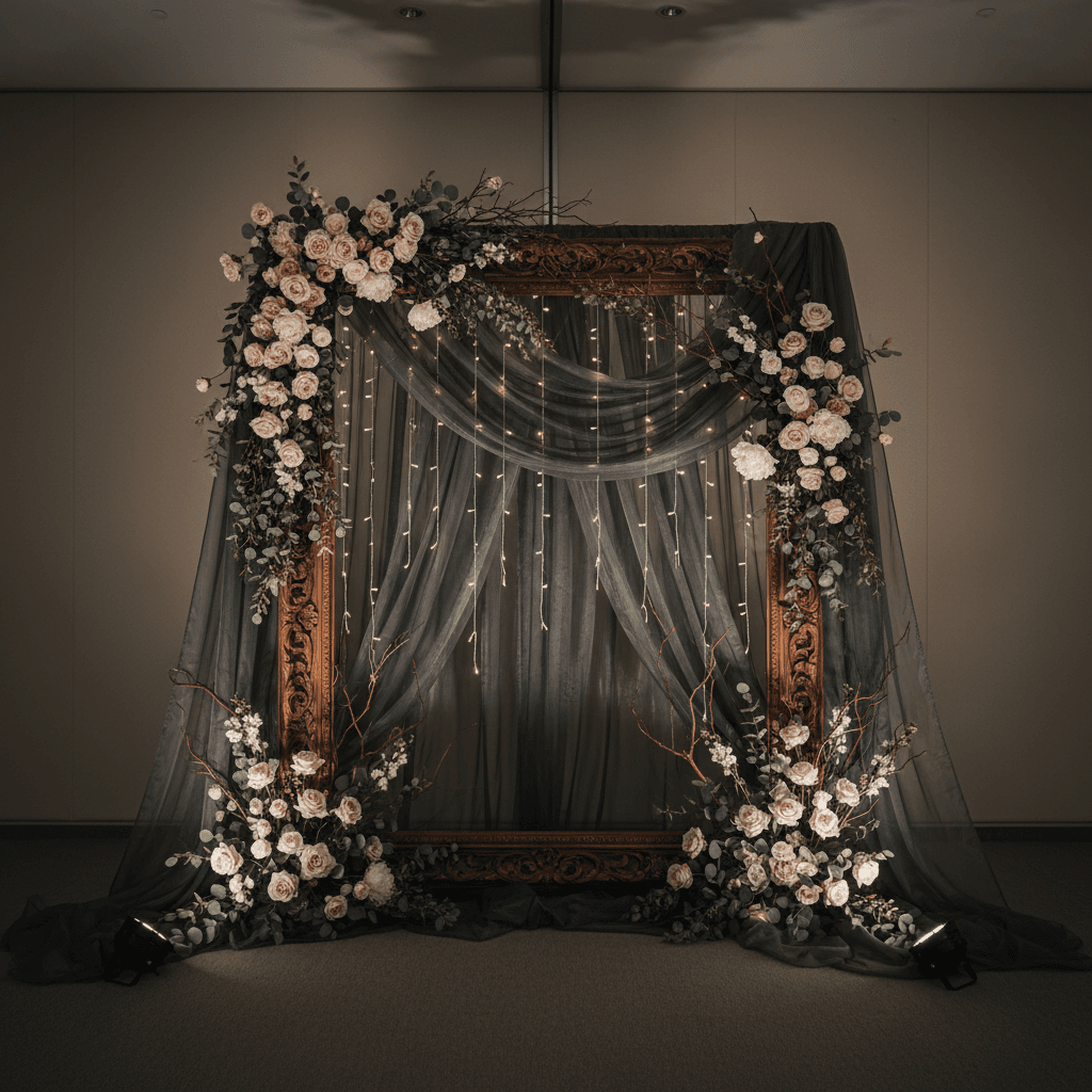 Ornate backdrop with draped fabric and hanging floral arrangement