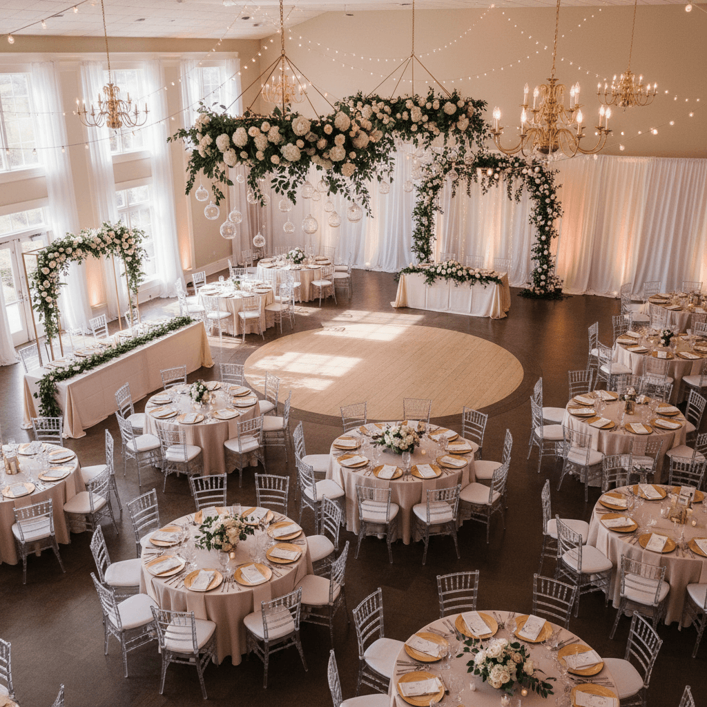 Full wedding reception hall decorated with coordinated linens and florals