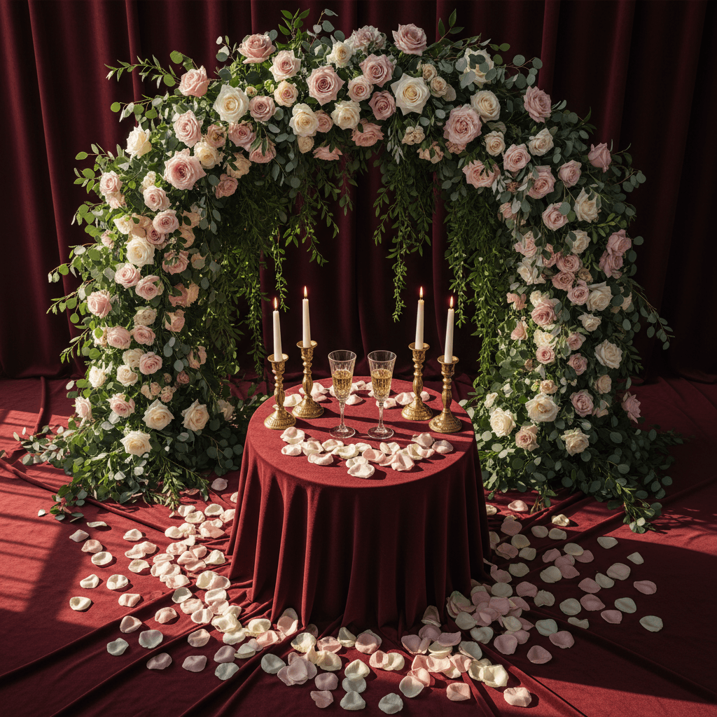 Romantic proposal setup with floral backdrop and candlelit details
