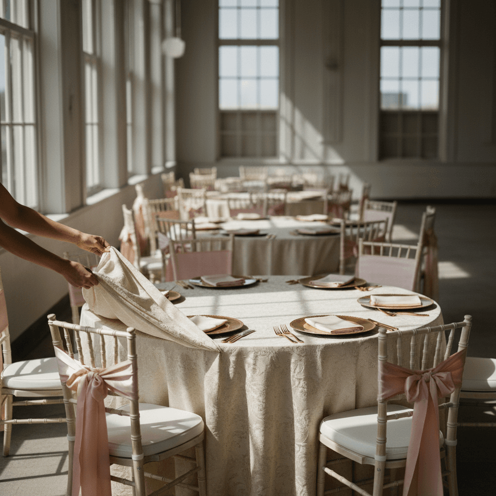 Partial setup service showing table arrangement and draping