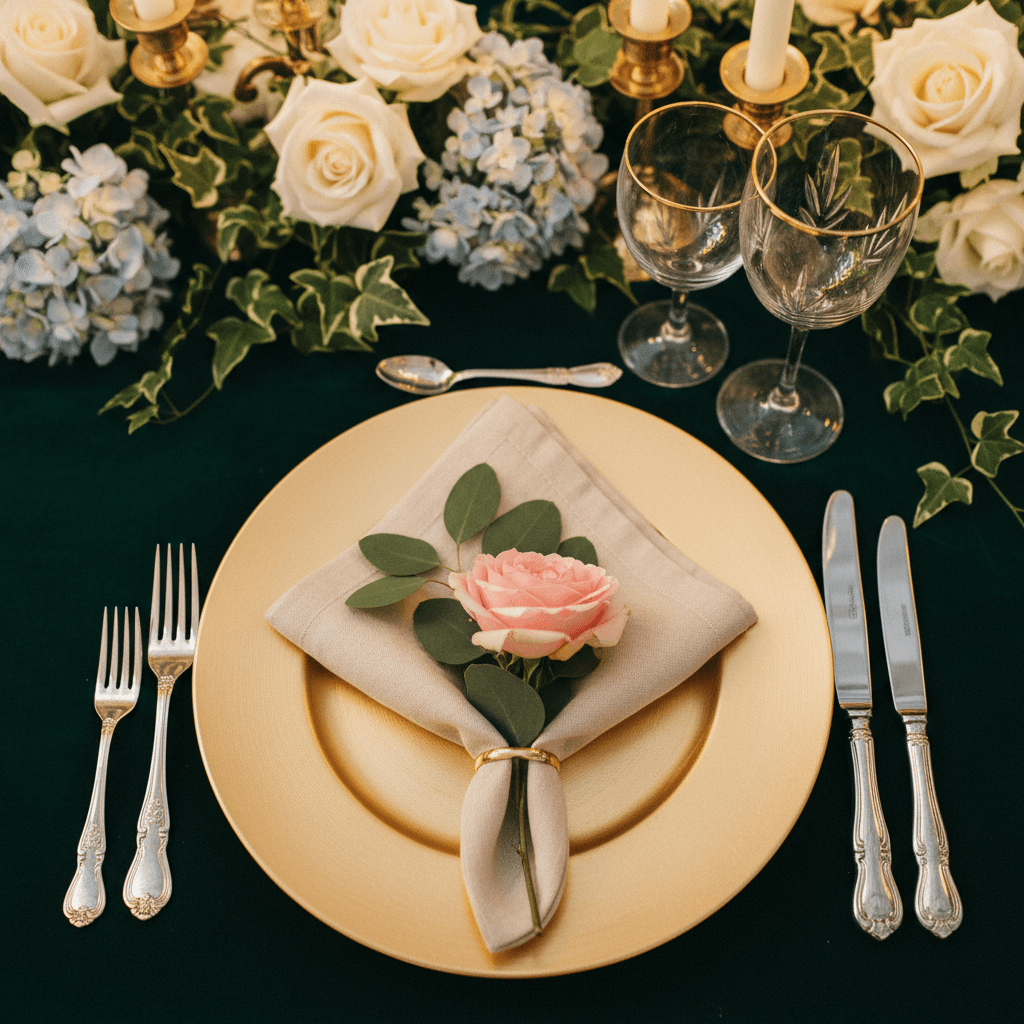 Elegantly set table with premium tablecloths and charger plates