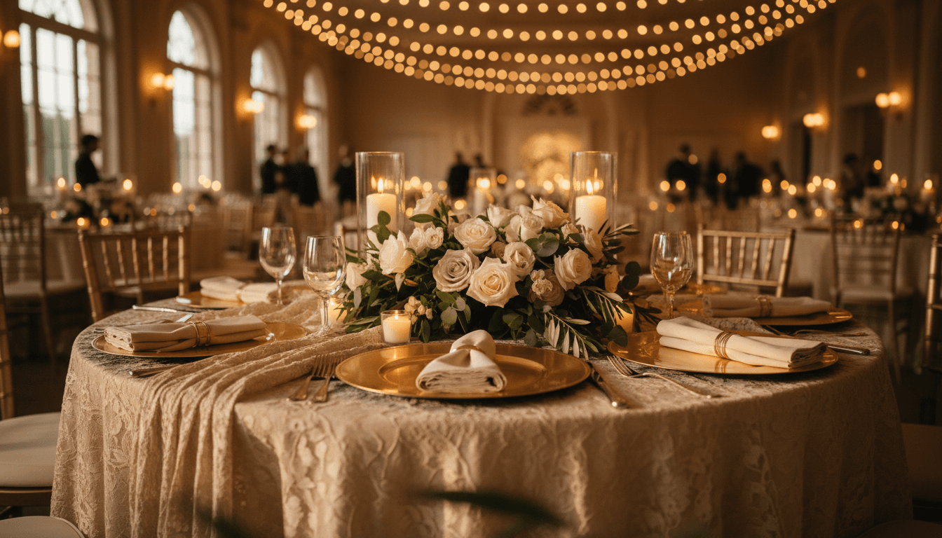 Elegant wedding reception table with draped tablecloth, floral centerpiece, and charger plates