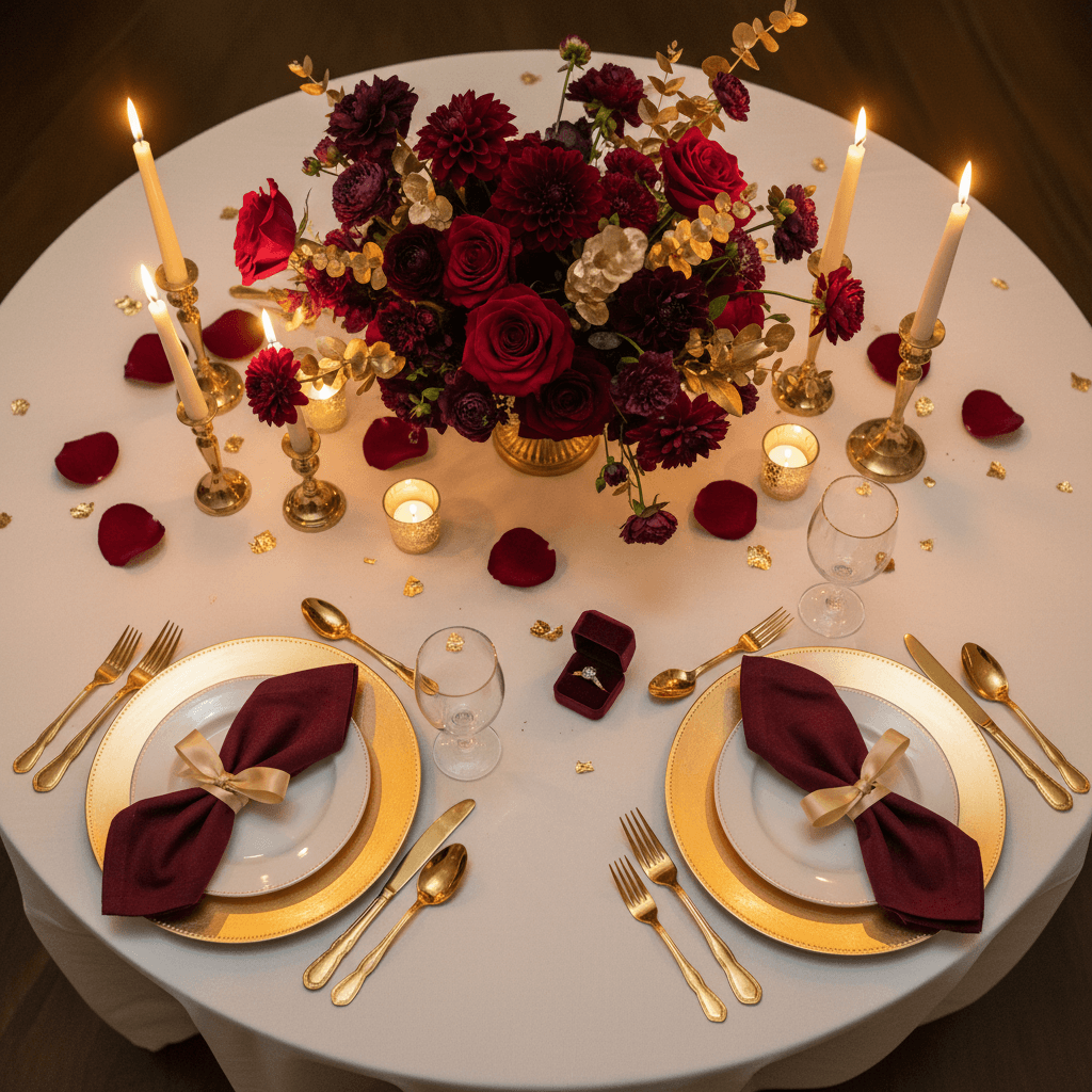 Romantic proposal table setting with burgundy accents and elegant floral arrangement