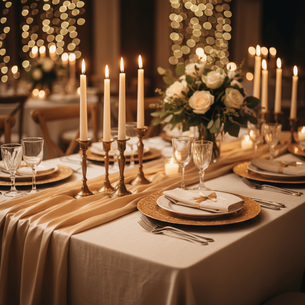 Elegant wedding reception table with cream linens and candlelight