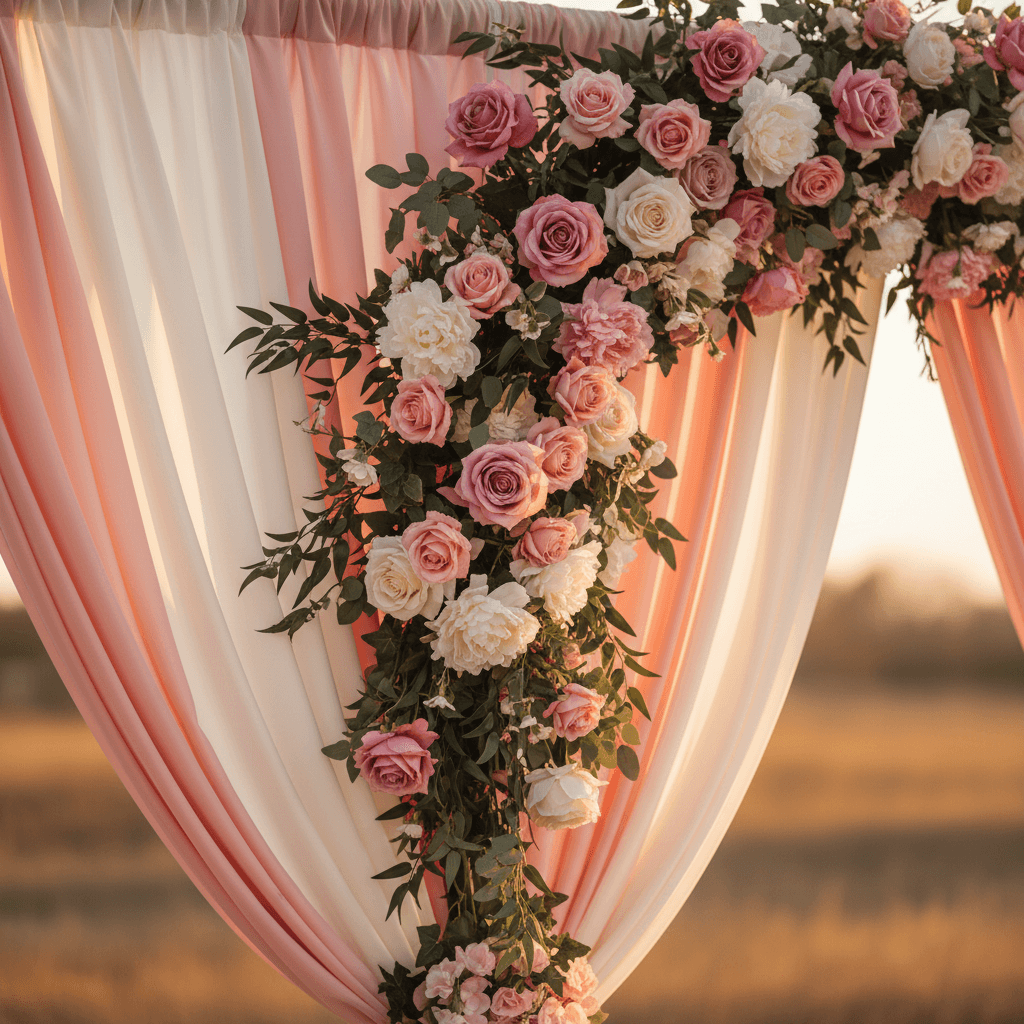 Romantic floral backdrop with roses and draped fabric for a proposal setting
