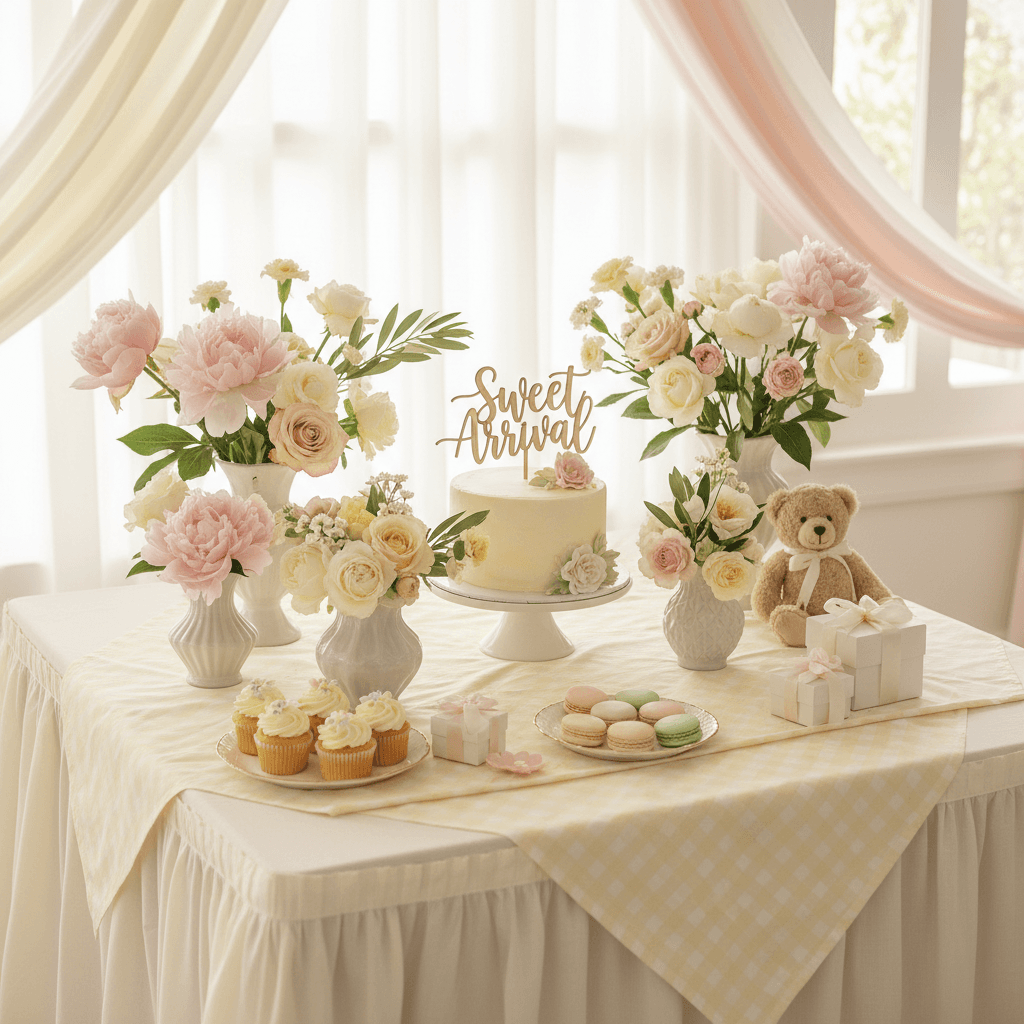 Soft pastel baby shower table with light-colored linens and delicate floral arrangements